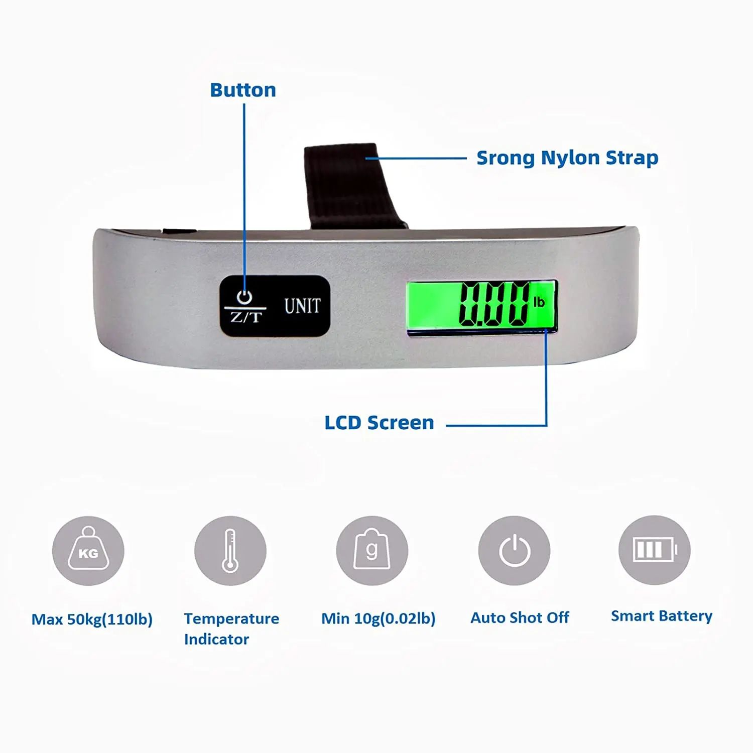 110lb/50kg Digital Luggage Scale with LCD Display, Portable Hanging Travel Baggage Weighing Scale for Suitcases