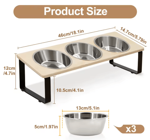Elevated Cat Bowls Feeder with 15° Tilt & 3 Stainless Steel Bowls