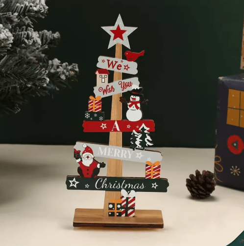 Rustic Wooden Christmas Tree Ornament – Santa & Snowman Merry Christmas Table Decor