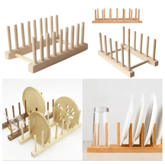 Wooden Dish Drainer Rack Bamboo Plate & Pot Lid Drying Stand for Kitchen Counter