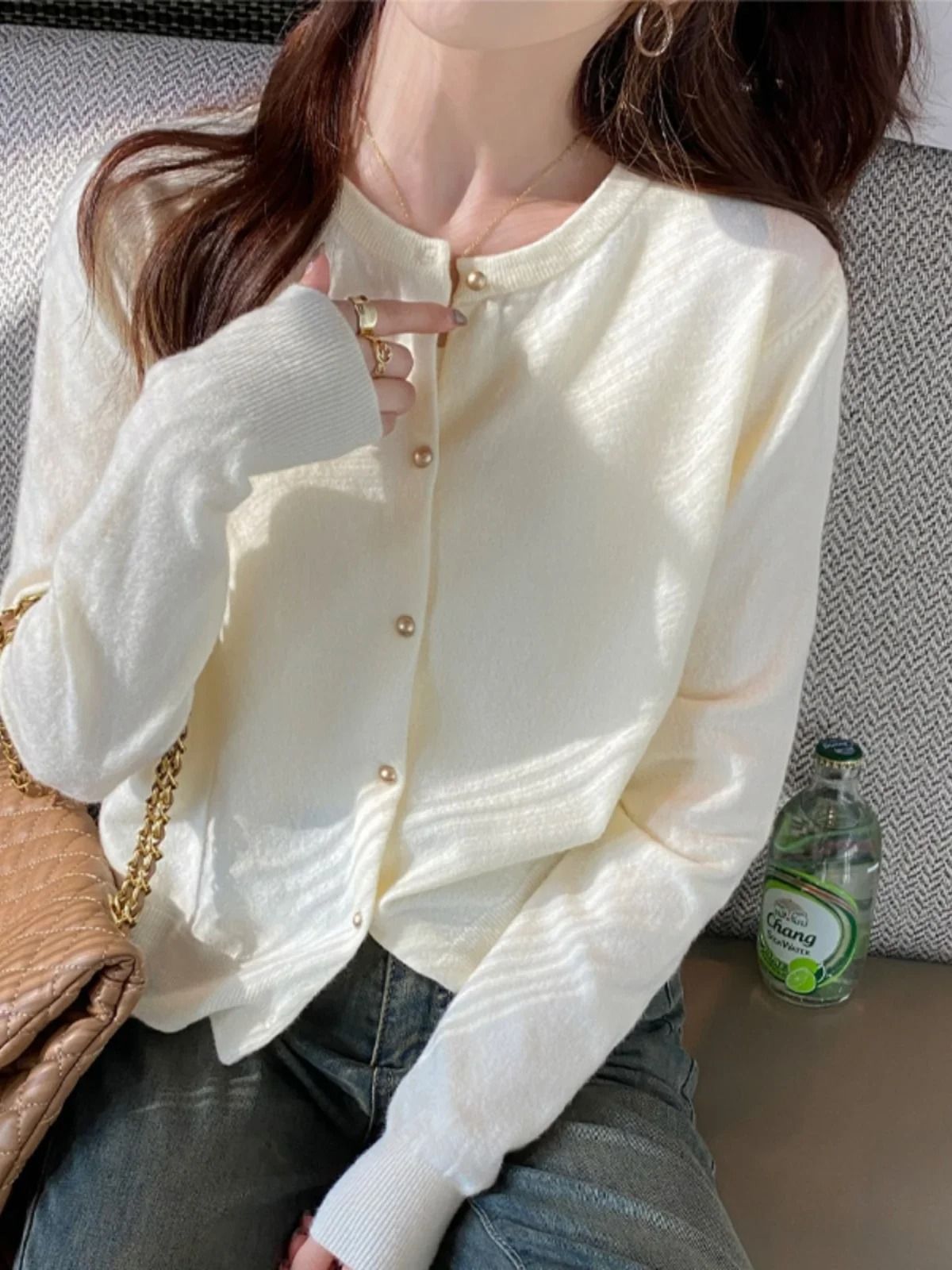 Solid Color Knitted Cardigan Women Long Sleeve Korean Style