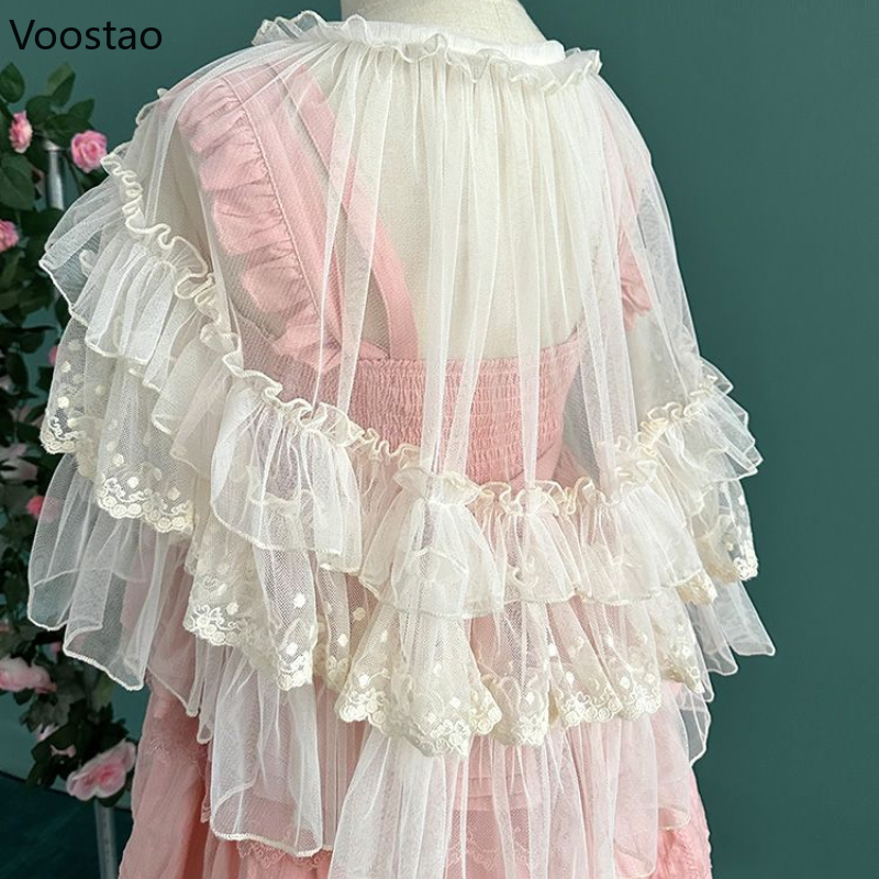 Sweet Kawaii Lolita Short Shawl Coat Women Lace Mesh Gothic Retro Cute Princess Capes Open Front Poncho Cardigan