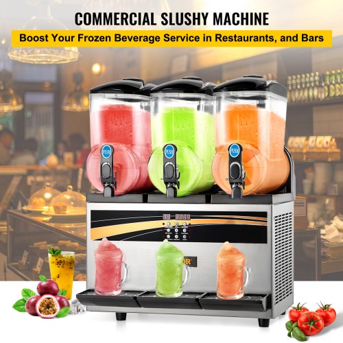 3x15L Commercial Slushy Machine, 1200W Stainless Steel Frozen Drink Maker, Adjustable Temperature (26.6°F-28.4°F)