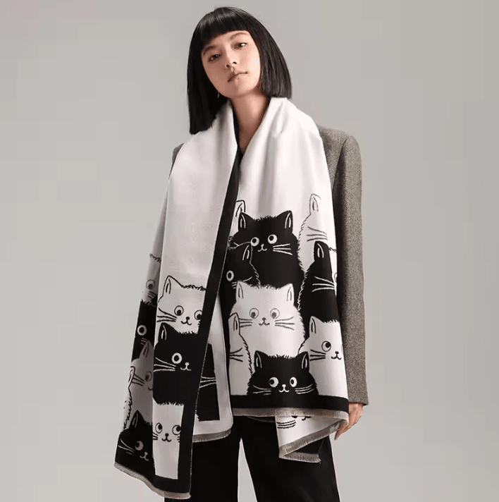 Cute Cat Jacquard Cashmere Pashmina Scarf – Thick Winter Warmth Shawl & Coldproof Blanket