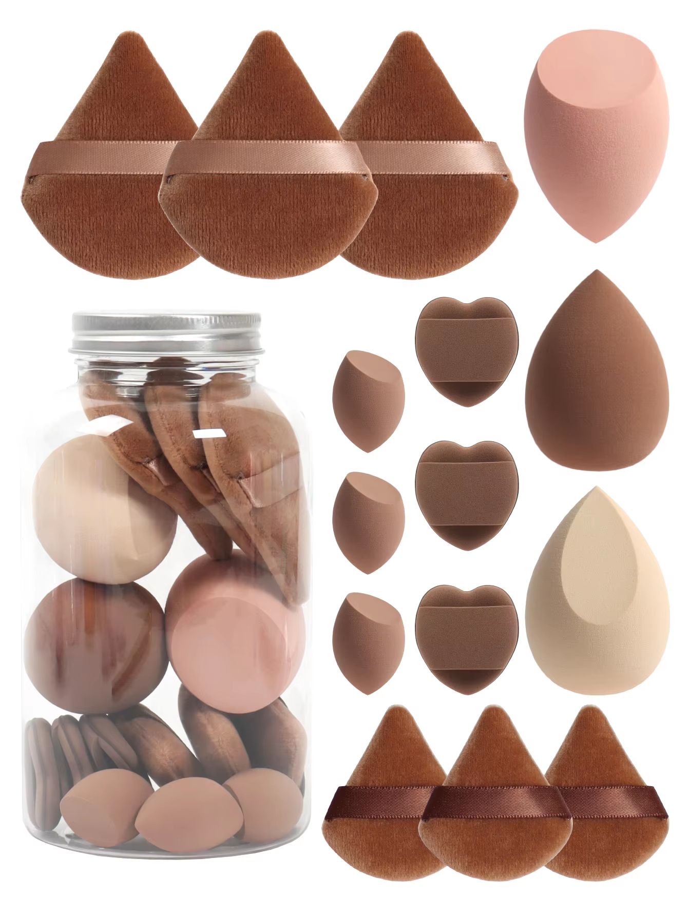 15 Piece Makeup Puff Set with Loose Powder Puffs, Mini Makeup Sponges, and Air Cushion Puffs in Travel Cans