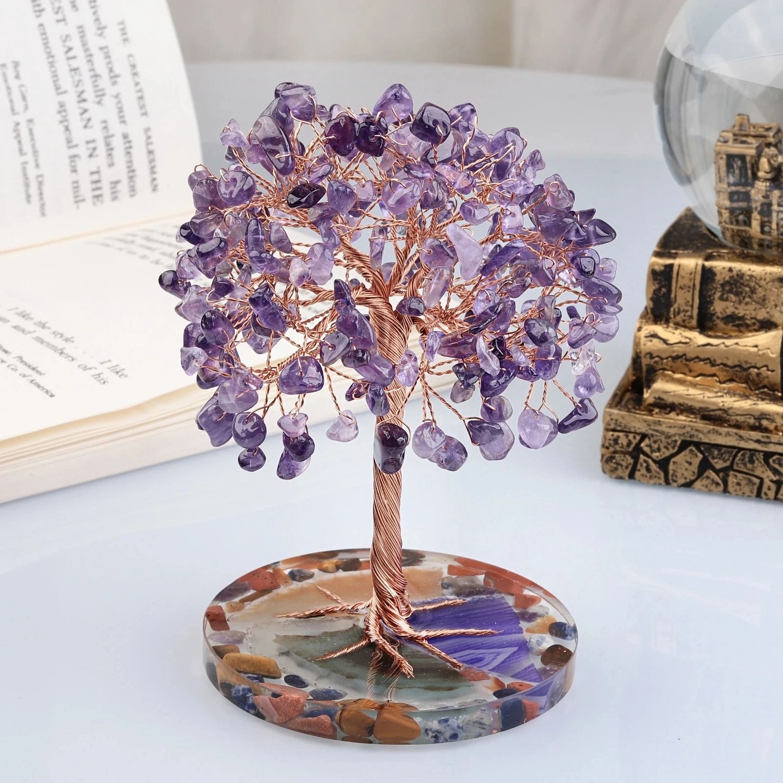Super Mini Crystal Money Tree – Healing Gemstone Decor with Agate Slice Base
