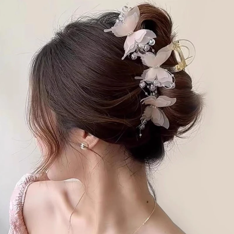 Elegant Pearl Bow Butterfly Hair Clip for Women - Sweet Crab Claw Headdress Accessory