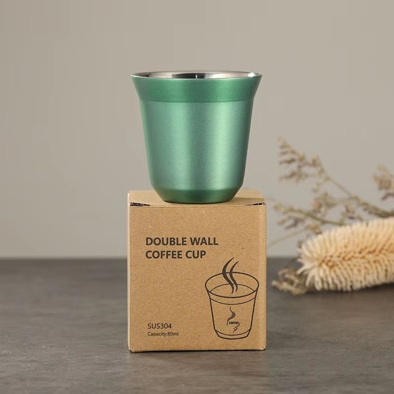 Stainless Steel Double-Layer Flat Bottom Coffee Water Cup 80ml (2.71 fl oz)