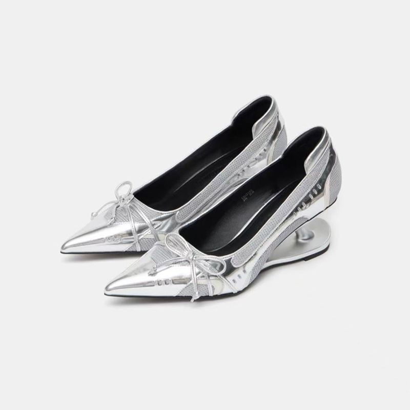 Womens Fashion Bow Spliced Heels, Special Heel Pointed Toe Non Slip Shallow Mouth Mary Jane Single Shoes