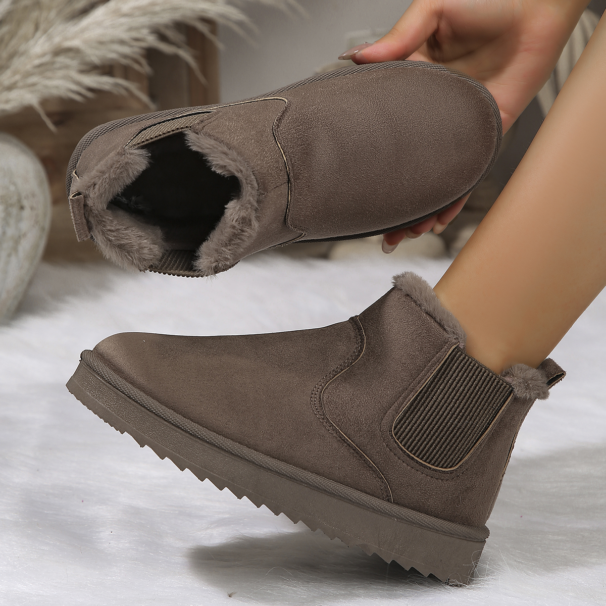 New Winter Women Short Plush Warm Snow Boots, Casual Shoes, Suede Fur Chelsea Ankle Boots, Flats Platform Botas