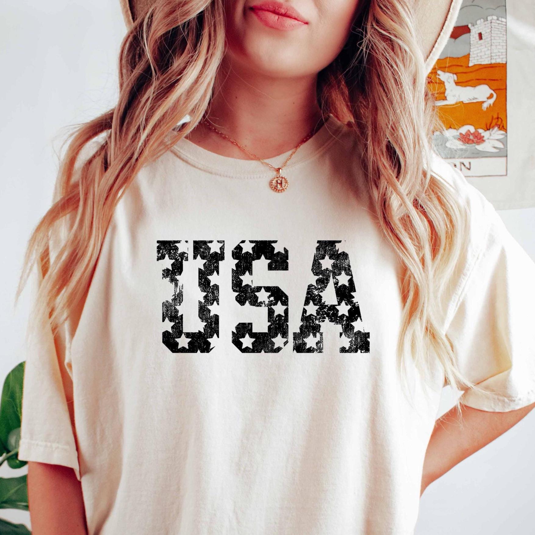 Distressed USA Stars Graphic Tee Retro 4th of July Shirt Patriotic Independence Day Apparel