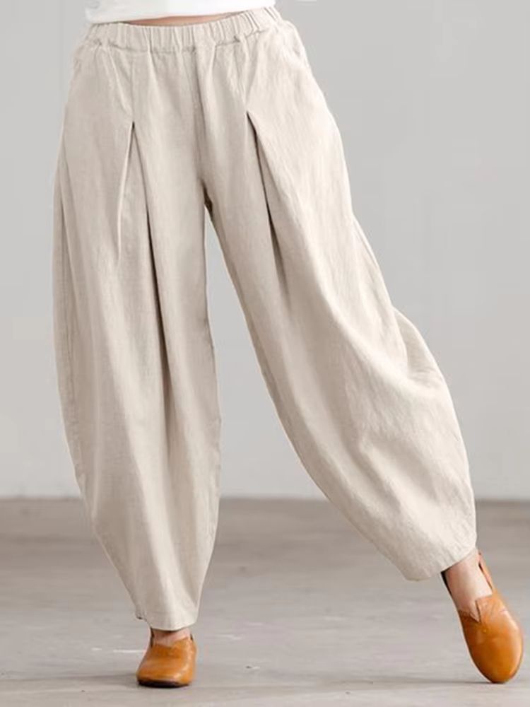Women Summer Cotton Wide Leg Pants Elastic Waist Loose Casual Trousers