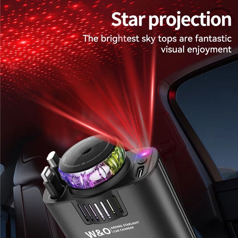 Retractable Car Charger 45W PD Fast Charger with USB-C, Starlight Roof Glow & Aromatherapy