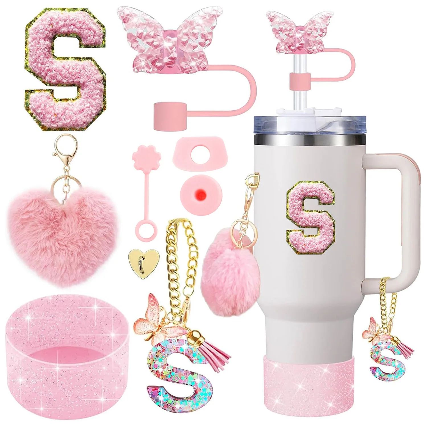 9pcs Stanley Cup Accessories Set – Silicone Boot, Butterfly Straw Cover, Spill-Proof Stopper & Initial Charm Kit