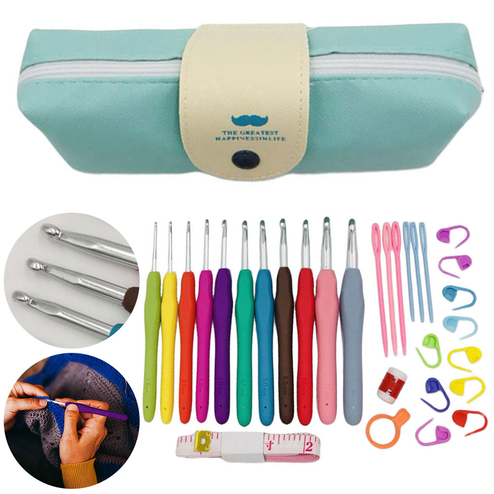 Premium Aluminum Crochet Hooks Kit with Storage Bag, Soft Ergonomic Handle Yarn Weaving Needles Set for Sewing, Knitting