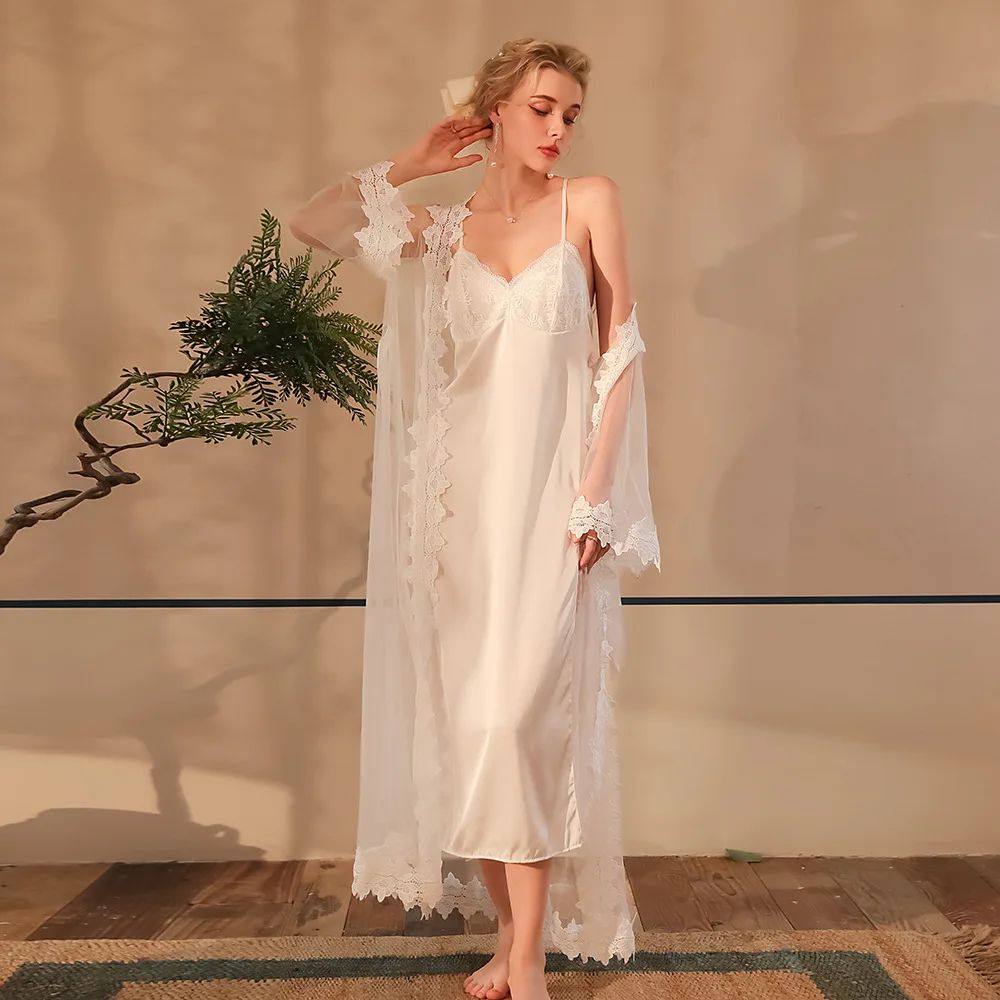 Women's Satin Lace Suspender Nightgown Sexy Mesh Silk Sleepwear Mid-Calf Loungewear Dress
