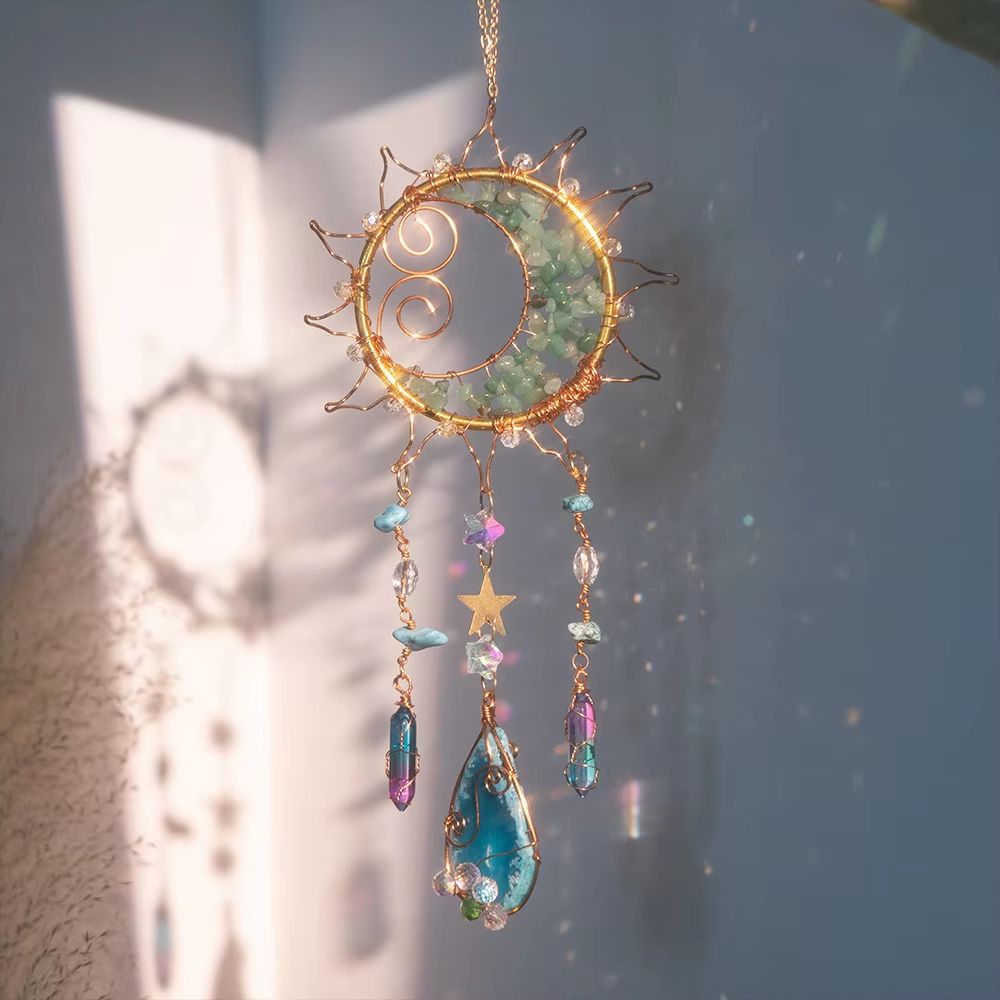 Crystal Sun Moon Wind Chime Suncatcher Prism Hanging Decor for Window and Garden