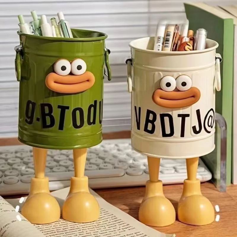 Cartoon Style Large Capacity Pen Holder Retro Desk Organizer Storage Bucket for Students and Offices