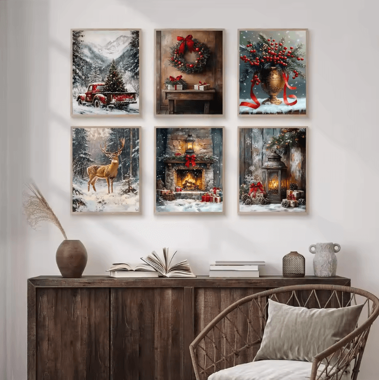 Vintage Red Truck Christmas Canvas Wall Art – Rustic Winter Farmhouse Decor