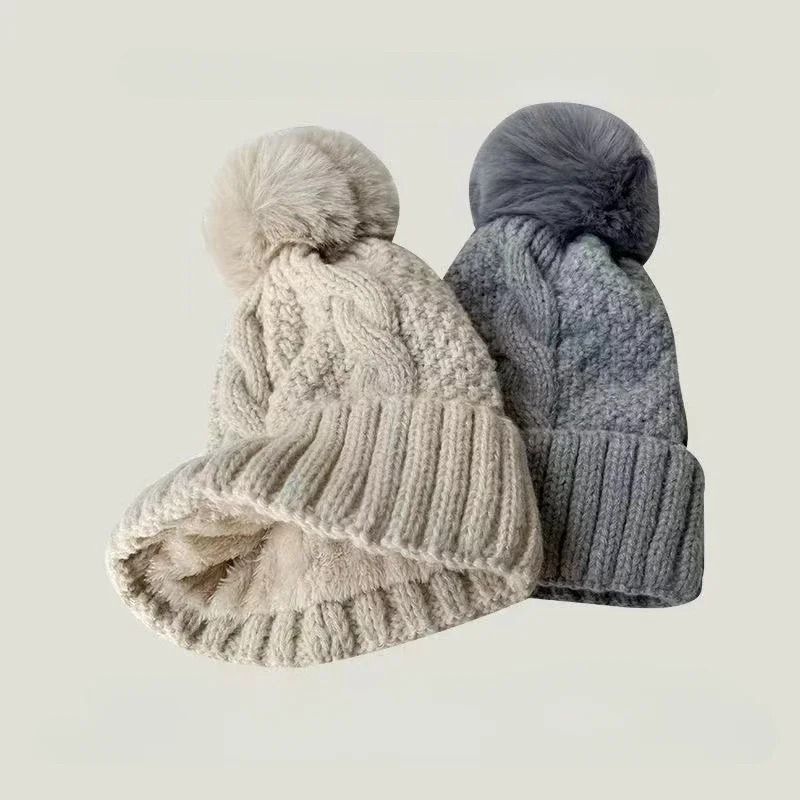 Winter Knit Beanie Hat with Fur Pompom Warm Velvet Lined Cap