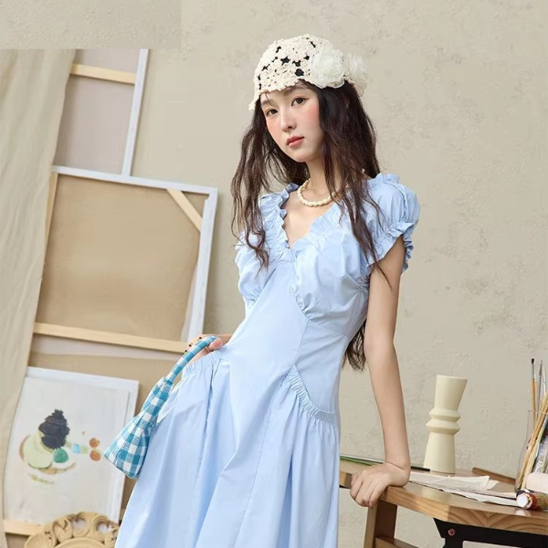 Women's Fashion V-neck Dress, Summer Office Lady, Puff Sleeve Slim Midi Dress, Elegant Work to Weekend Clothing