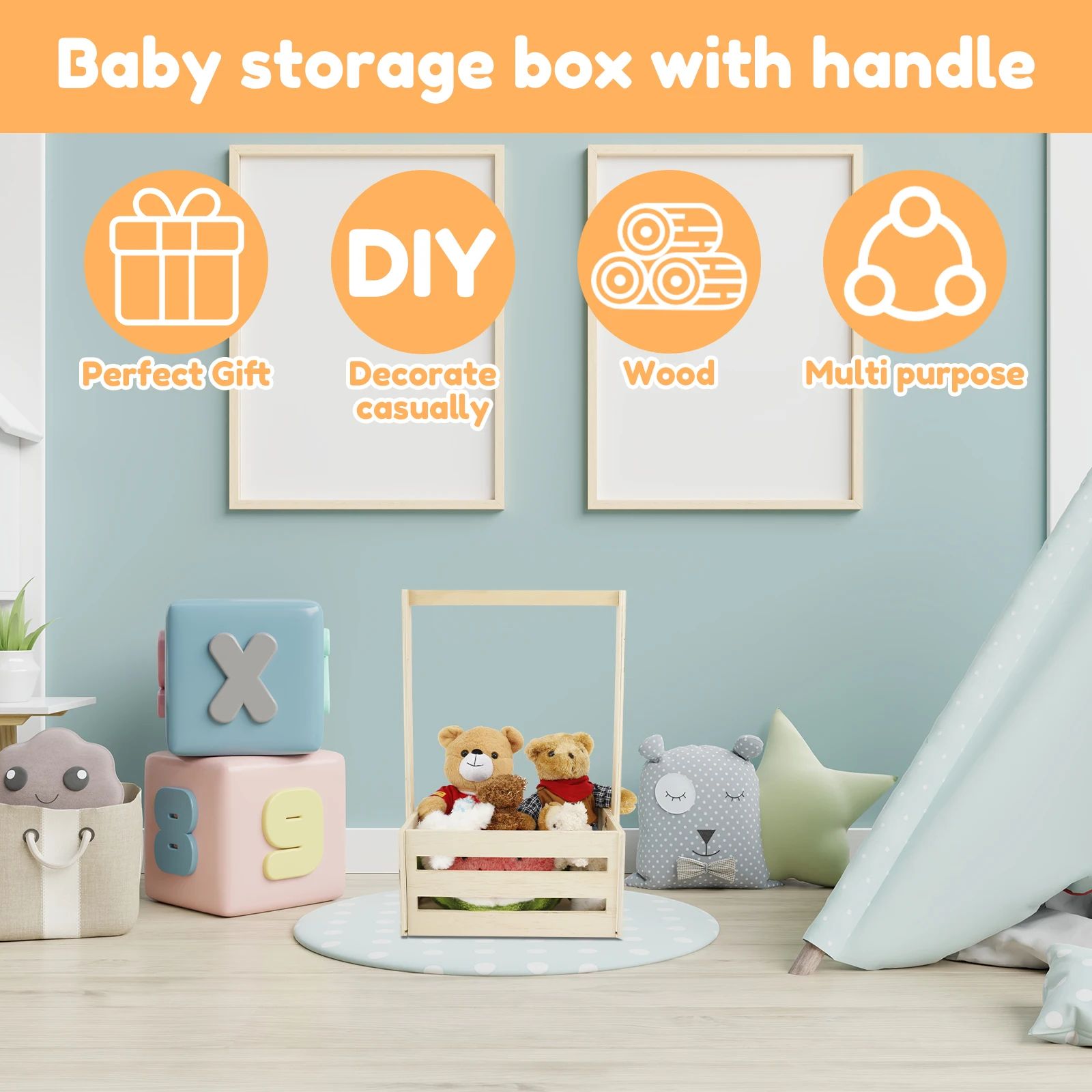 Wood Storage Crate with Long Handle - Portable Nursery Storage Basket & Wooden Toy Storage Bin