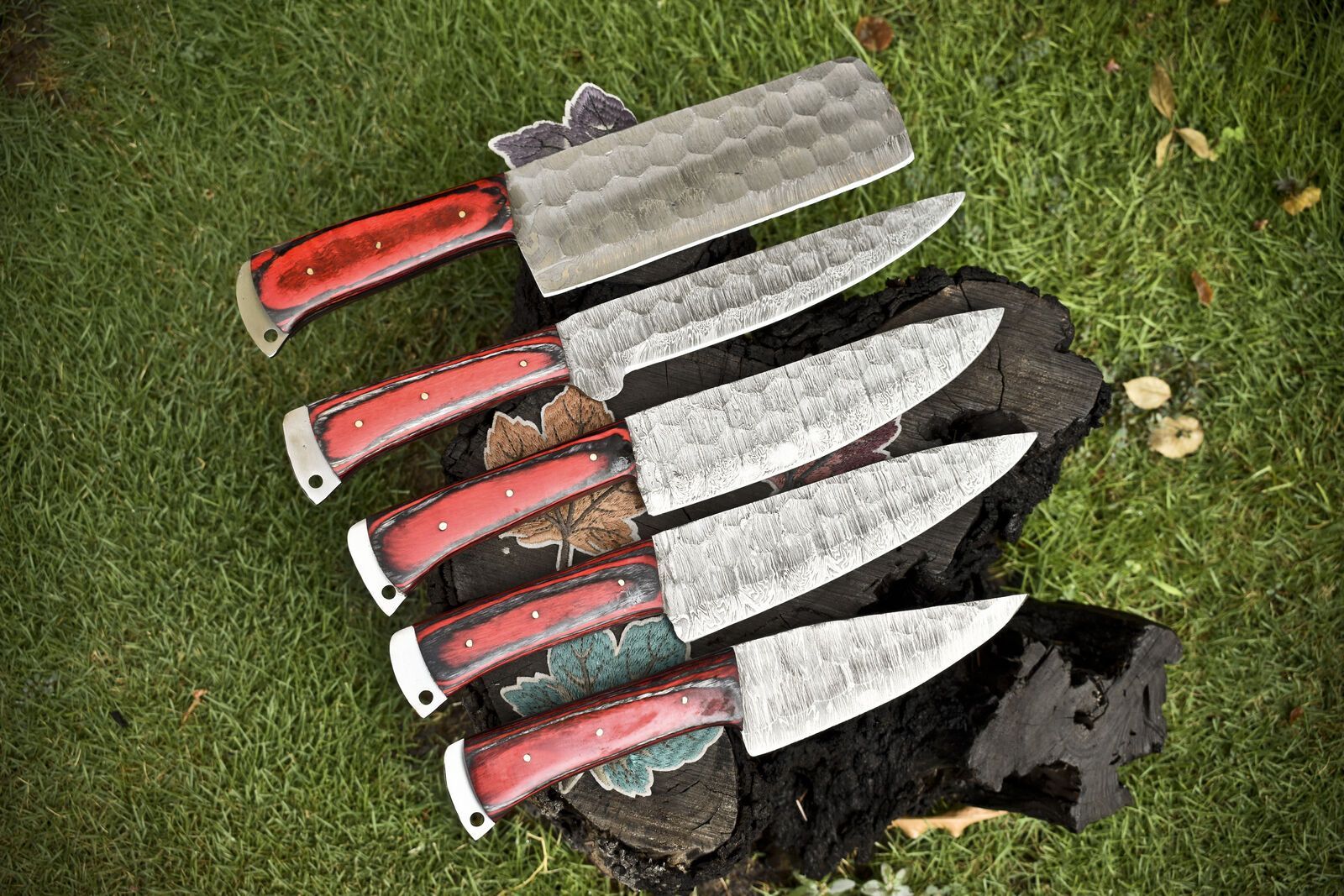 Forged Walnut Handle Twist Damascus Steel Knives | 5-Piece Chef Set