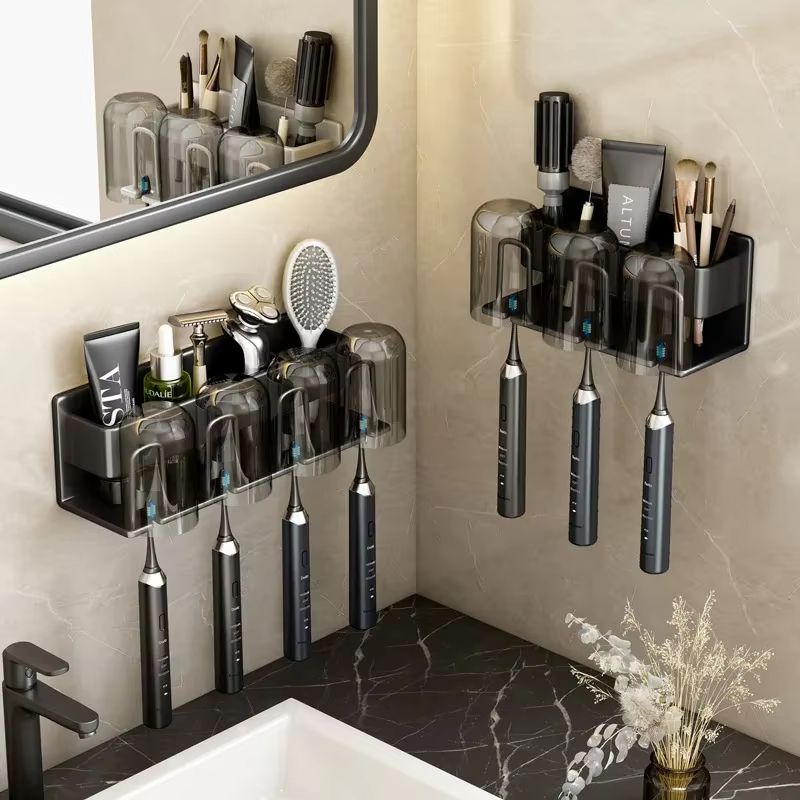 Aluminum Wall Mounted Punch Free Toothbrush and Toothpaste Holder Metal Bathroom Storage Rack