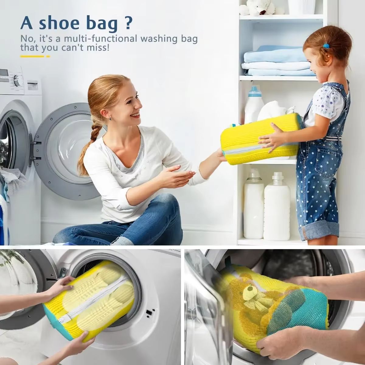Durable Shoe Washing Machine Laundry Bag for Sneakers and Casual Shoes – Yellow with Blue Zipper