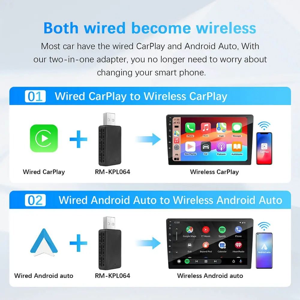 2 in 1 Wired to Wireless CarPlay and Android Auto Adapter USB Plug and Play