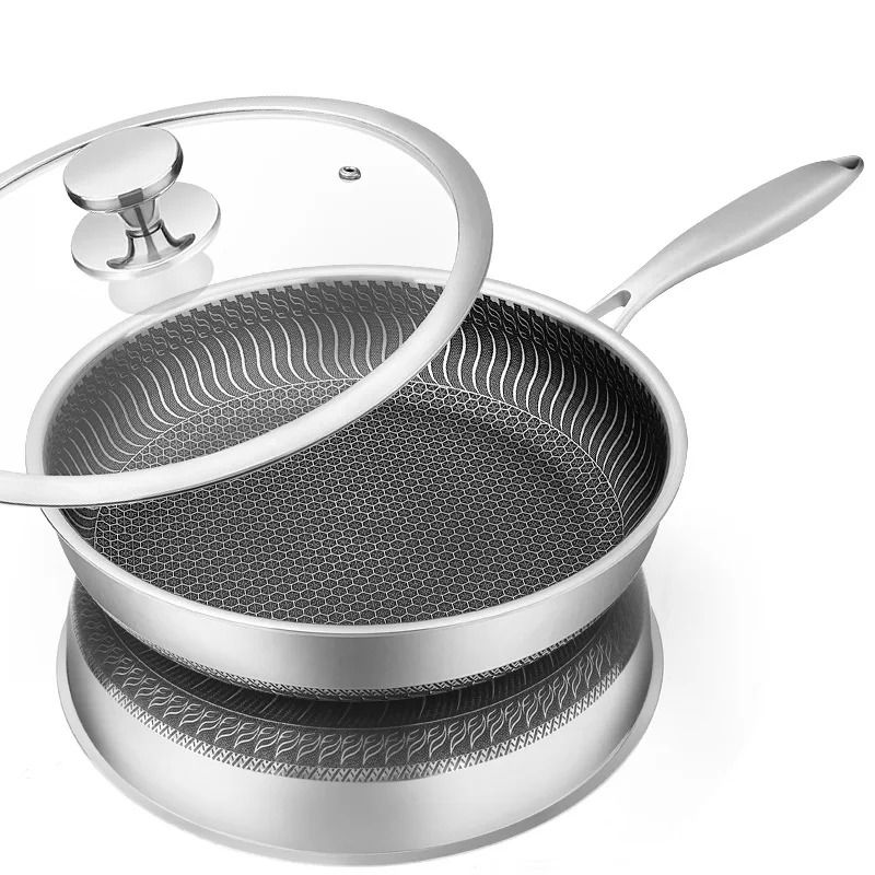 Stainless Steel Nonstick Frying Pan With Lid Honeycomb Fry Pan Induction Compatible