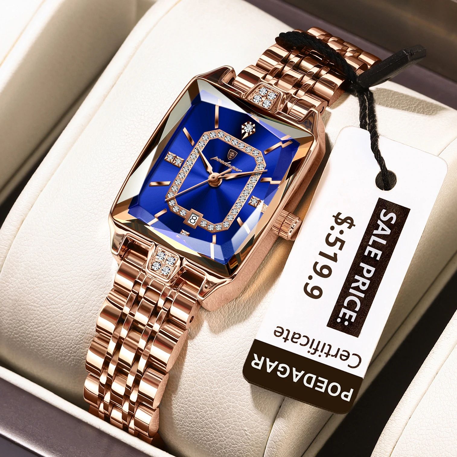POEDAGAR Luxury Waterproof Rectangle Women's Quartz Watch with Calendar