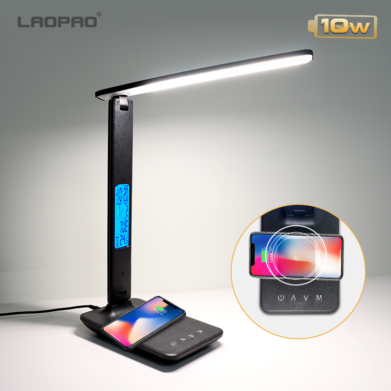 Wireless Charging LED Desk Lamp, Calendar Temperature Display, Eye Protect Study Light, Alarm Clock Table Lamp