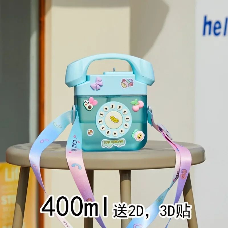 Telephone Shape Cute Water Bottle with Straw Kawaii Kids Plastic Bottle 400ml
