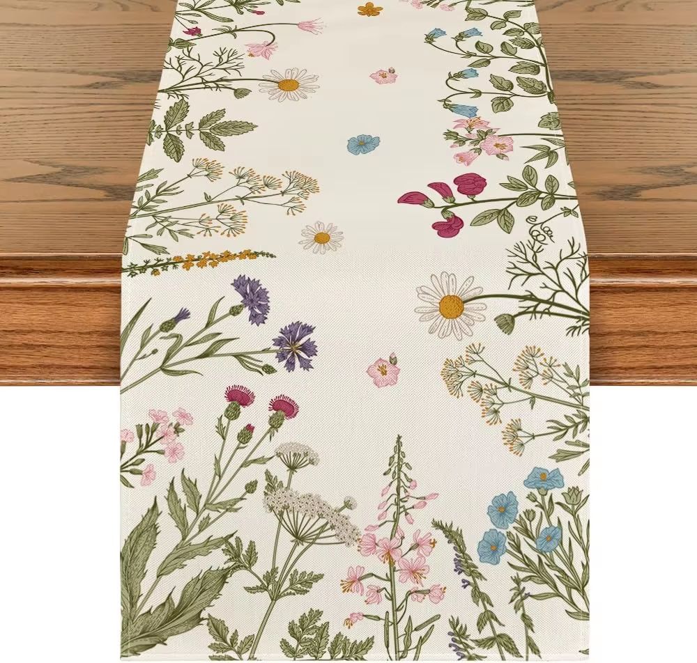 Spring Daisy Linen Table Runner Farmhouse Floral Dining Table Decor
