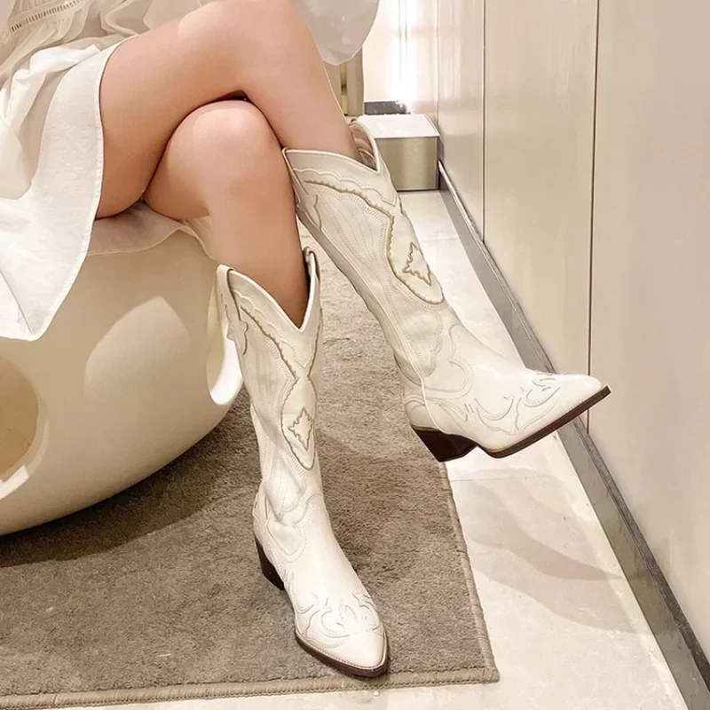Embroidered Vintage Square Head Thick Heel Cowboy Boot for Women, Stylish Autumn Western Cowboy Boots with Side Zipper