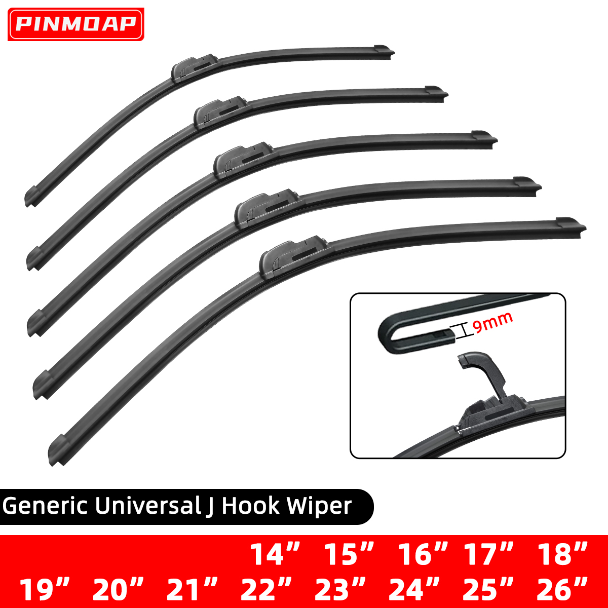 Universal Hook-Type Car Windshield Wiper Blades, Soft Rubber Frameless & Bracketless Design for 0-Streak Wiping