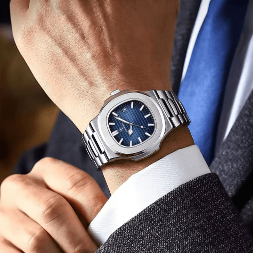 POEDAGAR Luxury Square Stainless Steel Quartz Watch for Men