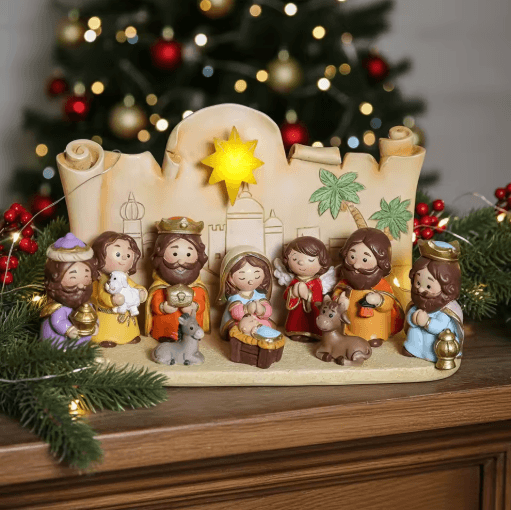 Cartoon Christmas Nativity Scene Figurines Hand Painted Resin Holiday Decor Set