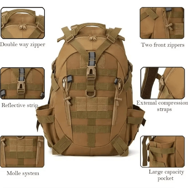 30-40L Tactical Hiking Backpack – Outdoor Molle Survival Rucksack with Reflective Straps for Camping & Travel