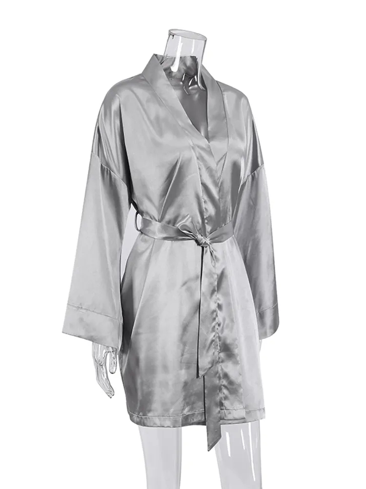 Women's Sexy Dressing Gown, Flare Sleeve Black Bathrobe, Loose Robes V-Neck, Women's Nightwear With Sashes
