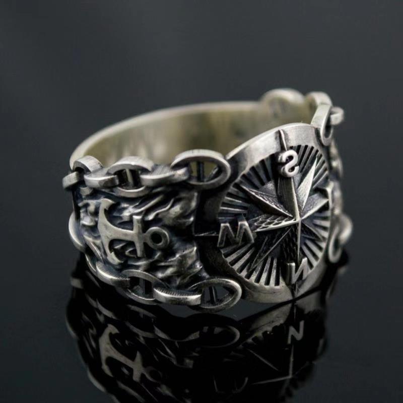Viking Compass Ring Nordic Amulet Jewelry, Pirate Rune Stainless Steel Ring for Men and Women