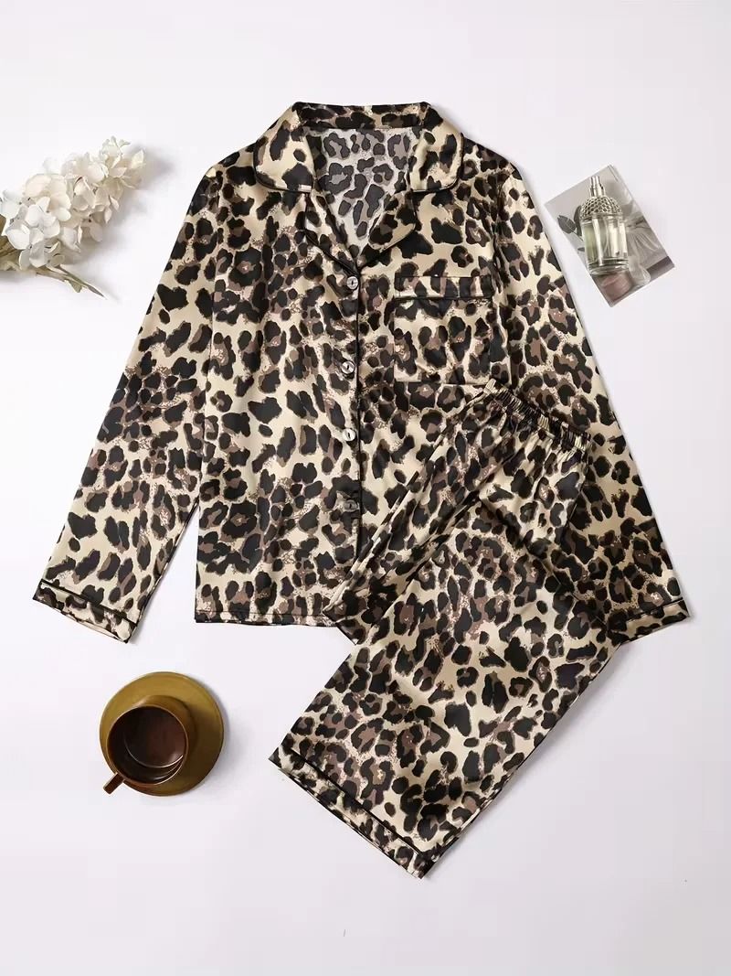 Leopard Print Satin Pajama Set – Loose Long Sleeve Winter Sleepwear