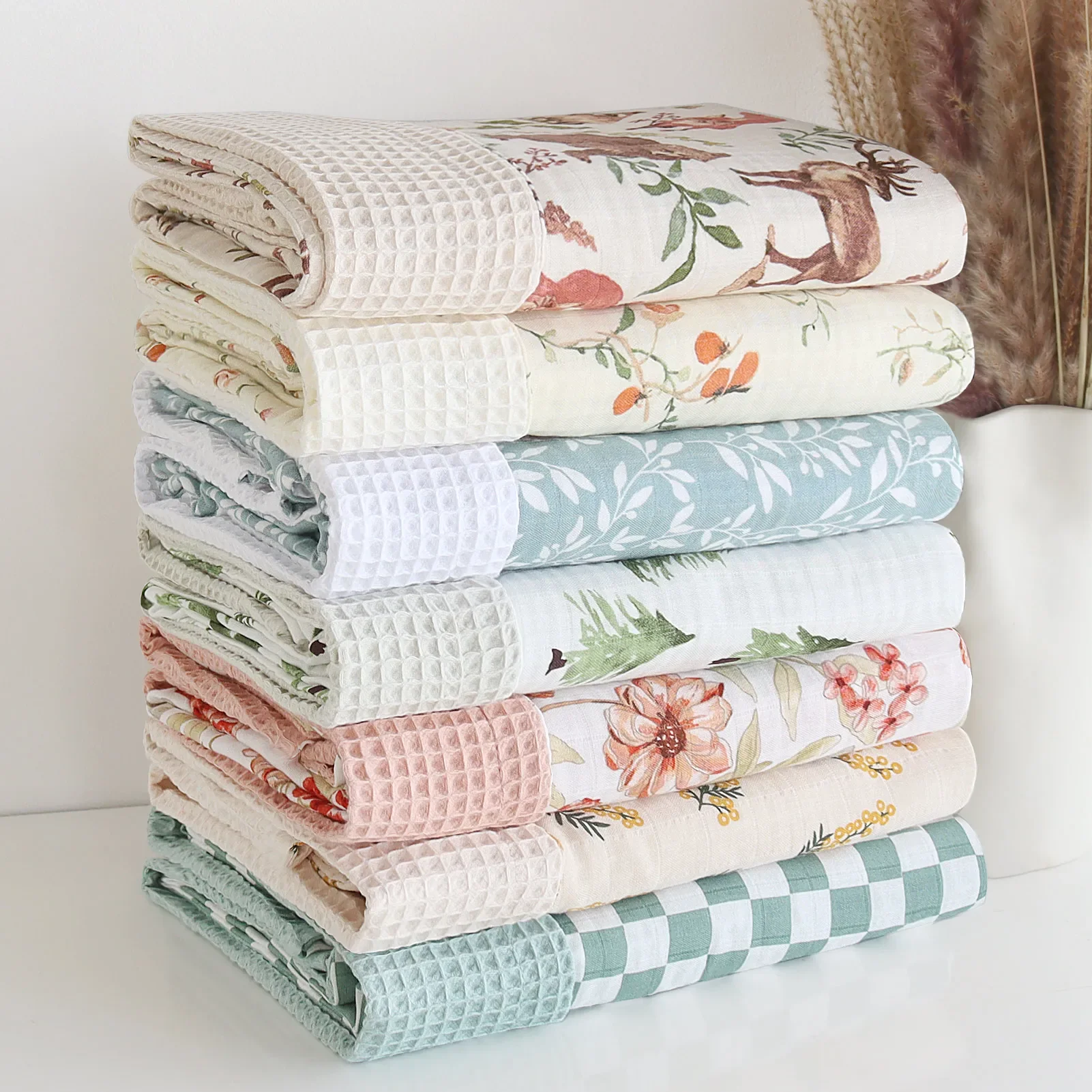 Bamboo Cotton Muslin Swaddle Wrap Blanket, Waffle Printed Baby Blanket for Newborn