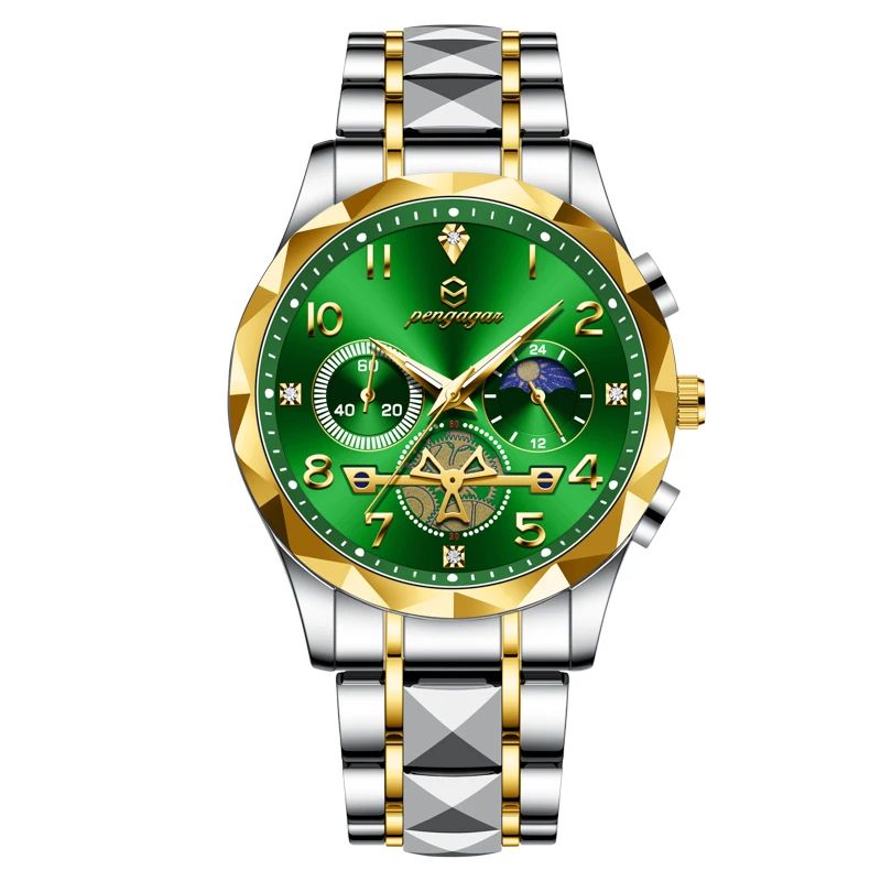 PAAZOMU Luxury Stainless Steel Men's Chronograph Quartz Watch with Moon Phase
