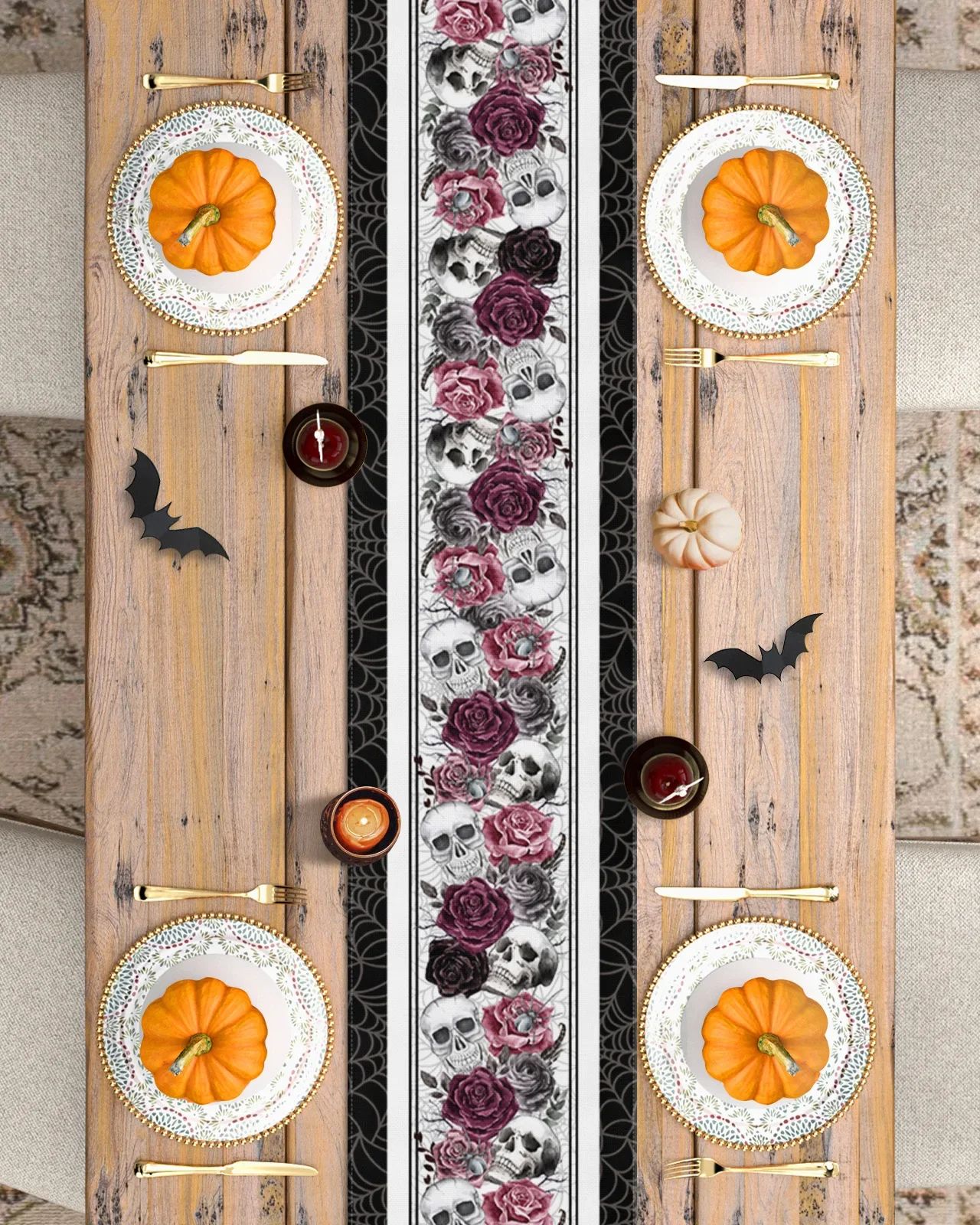 Halloween Skull Rose Linen Table Runner for Dining Table – Gothic Crow Party Kitchen Decor