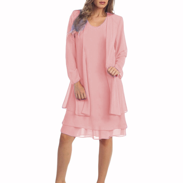 Elegant 2 Piece Chiffon Dress Set, Women Casual Long Sleeve Cardigan and Dress, Wedding Evening Party Outfit