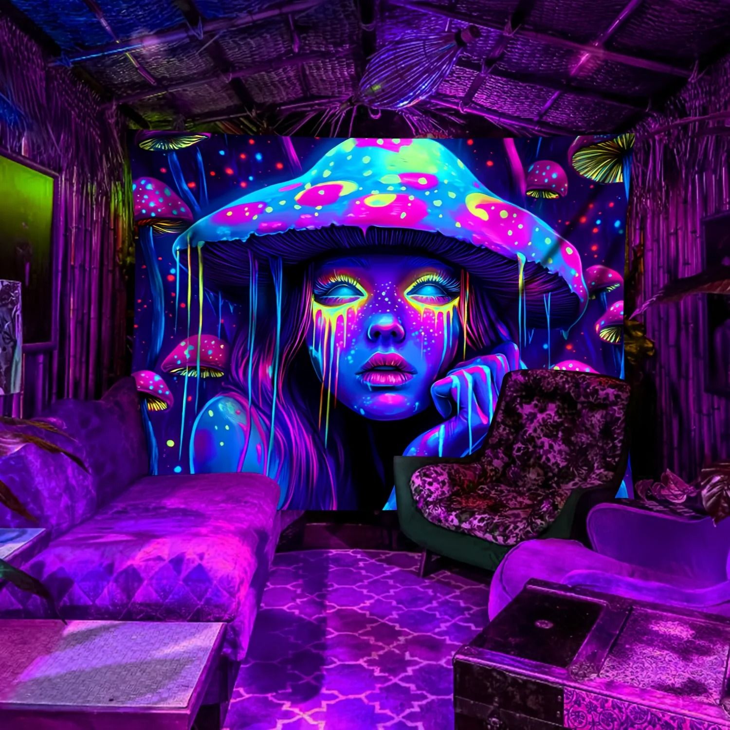 Psychedelic Mushroom Girl Tapestry UV Reactive Blacklight Wall Hanging Decor