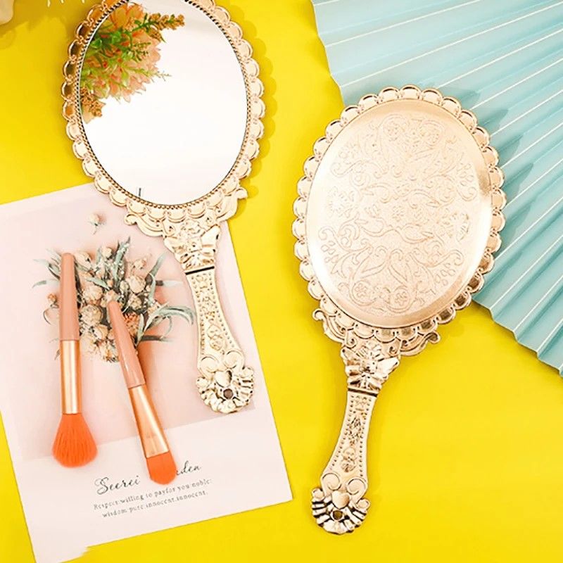 Rose Gold Vintage Handheld Mirror, Elegant Portable Vanity Compact with Mirror & Handle
