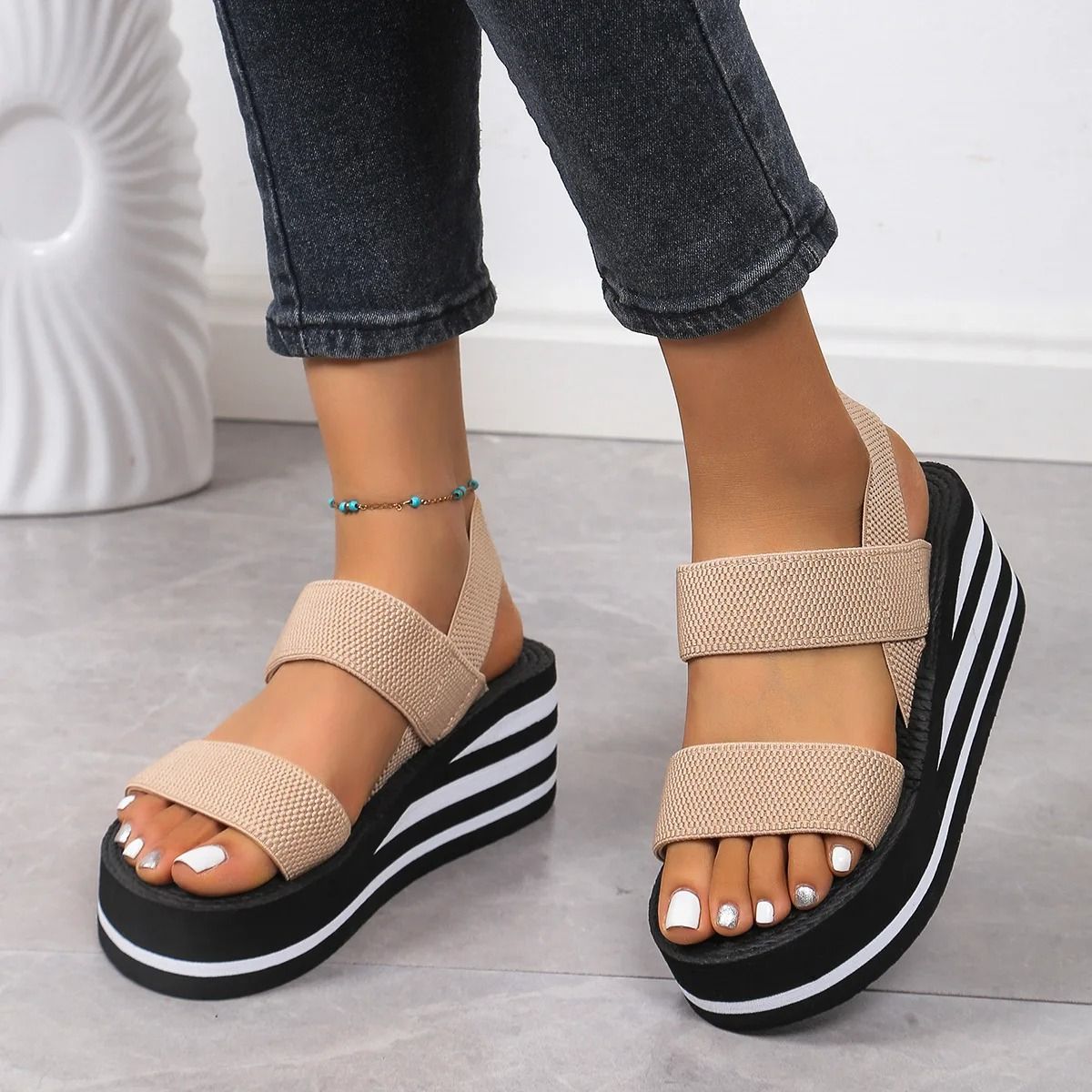 Minimalist Slingback Wedge Sandals Lightweight Summer Shoes with Striped Sole Thick Bottom